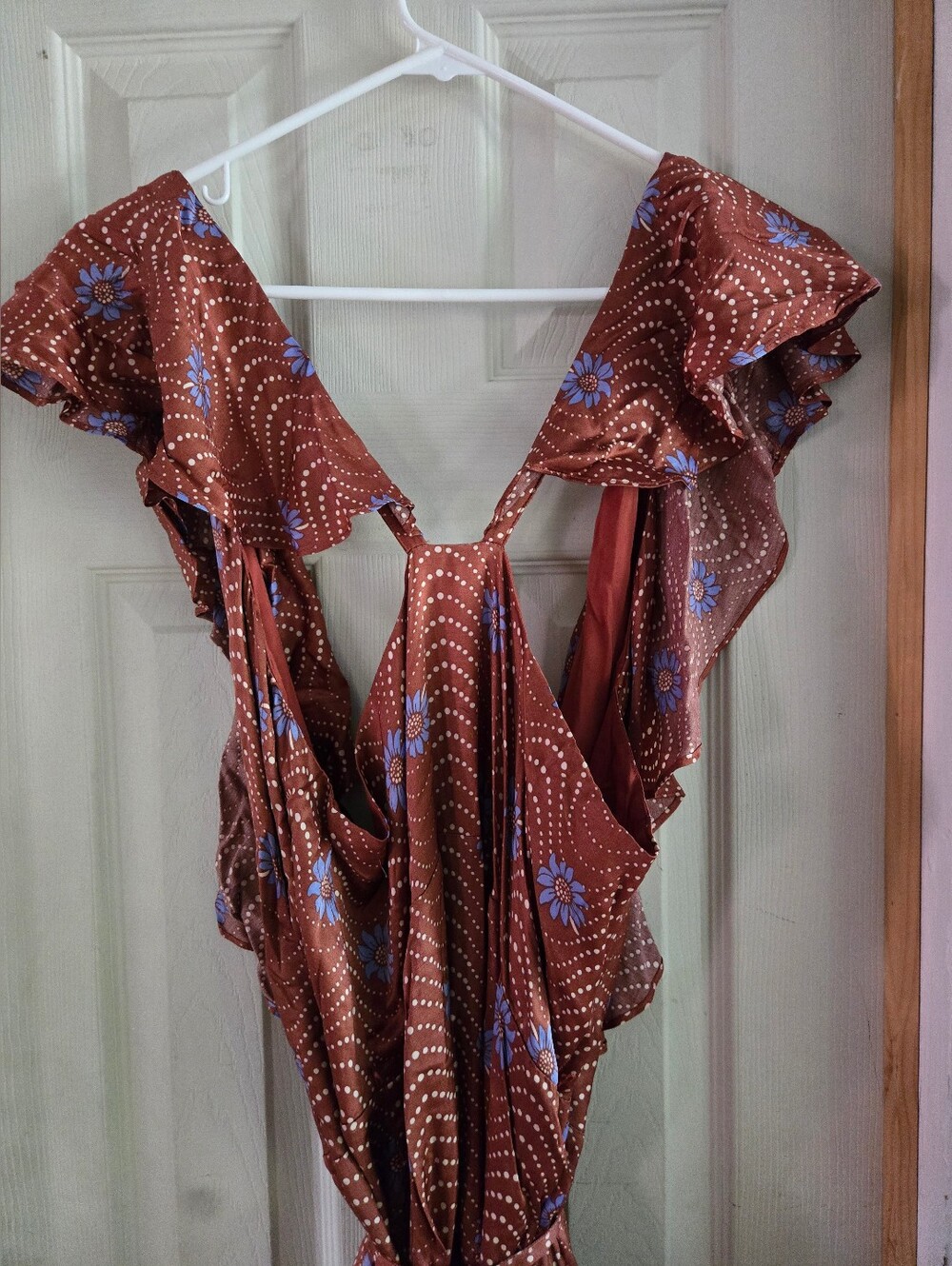 Anthropologie Brown Midi Wrap Dress with Blue Floral Print